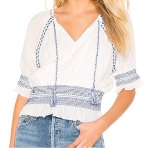 Tularosa Women's White and Blue Smocked boho Top size S